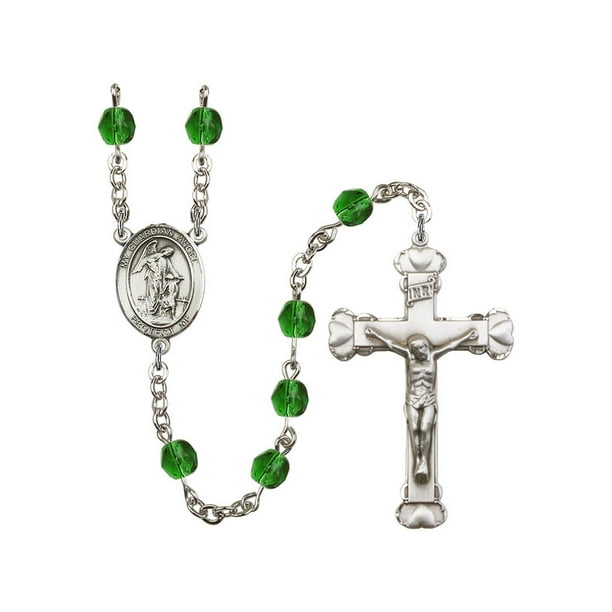 GUARDIAN ANGEL W/CHILD Silver-Plated Rosary 6mm May Green Fire Polished Beads Crucifix Size 1 5/8 x 1 medal charm