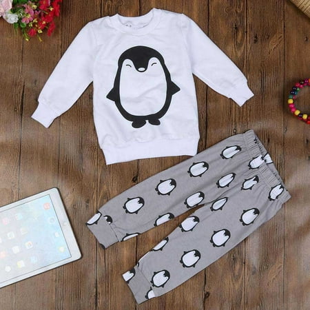 Yubatuo Kid Baby Girls Boy Children Clothing Penguin Long Sleeve Shirt+Pant Outfit 70Gray 70