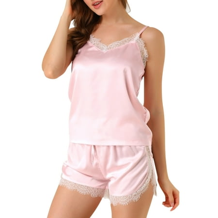Unique Bargains Women s Satin Camisole Lace Cami Shorts Pajamas Sleepwear Sets