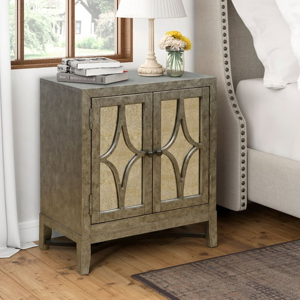 Two Door Mirrored Accent Chest in Antiqued Silver