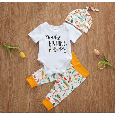 Baby Romper 3 Pcs Short Sleeve Trousers Cartoon Print Hat Daddy s Fishing Buddy Summer Cool Summer Infant Clothing Suit
Baby Romper 3 Pcs Short Sleeve Trousers Cartoon Print Hat Daddy s Fishing Buddy Summer Cool Summer Infant Clothing Suit