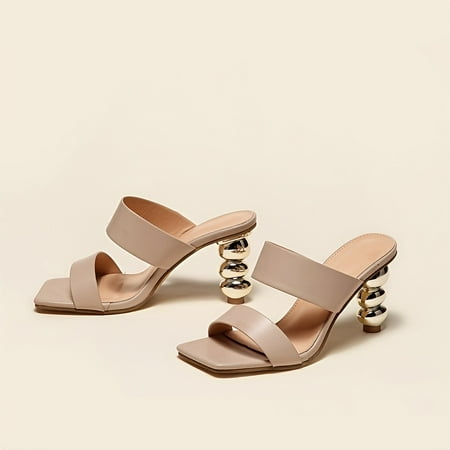 Women‘s Metal Ball Chunky Heel Sandals Open Toe Square Toe High Heels Women‘s Slip-on Pumps