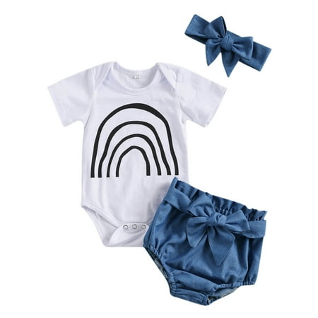 Xingqing Toddler Baby Girl Summer 3Pcs Set Rainbow Print Bodysuit+Bow Denim Shorts+Headband Outfits White/Denim 6-12 Months
Xingqing Toddler Baby Girl Summer 3Pcs Set Rainbow Print Bodysuit+Bow Denim Shorts+Headband Outfits White/Denim 6-12 Months