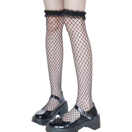 Women Fishnet Thigh High Stockings Lolita Kawaii Ruffles Over Knee Long Socks