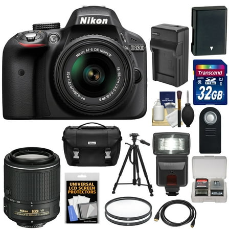 Nikon D3300 Digital SLR Camera & 18-55mm G VR DX II (Black) with 55-200mm VR II Lens + 32GB Card + Battery & Charger + Case + Flash + Tripod Kit