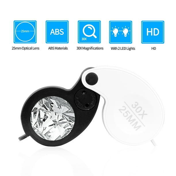 30X LED Lighted Illuminated Jewelers Eye Loupe Jewelry Magnifier for Gems Jewelry Rocks Stamps Coins Watches Hobbies Antiques Models Photos Magnifier