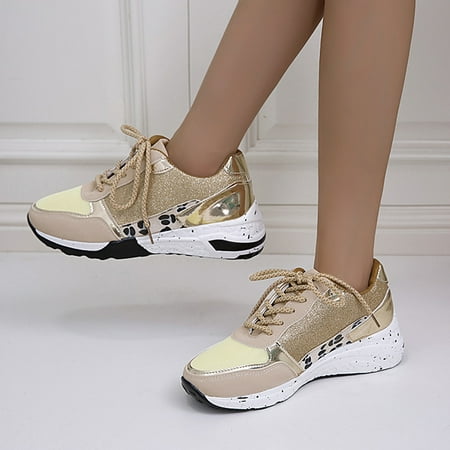 Woman Flat Platform Shoes with Glitters Lace Up PU Sneakers for Daily Office