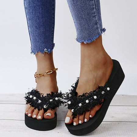 Alueeu Women Flip Flops Women s Fashion Tassel Flip-Flops Pearl Flip Flops Flat Casual Slippers