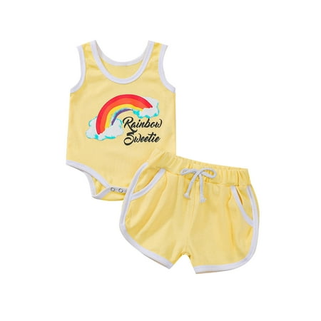 EHTMSAK Newborn Infant Baby Toddler Girl 2PCS Letter Print Outfits Rainbow Bodysuit Top and Shorts Set Sleeveless Clothing Set Summer Yellow 0-18M 90
EHTMSAK Newborn Infant Baby Toddler Girl 2PCS Letter Print Outfits Rainbow Bodysuit Top and Shorts Set Sleeveless Clothing Set Summer Yellow 0-18M 90