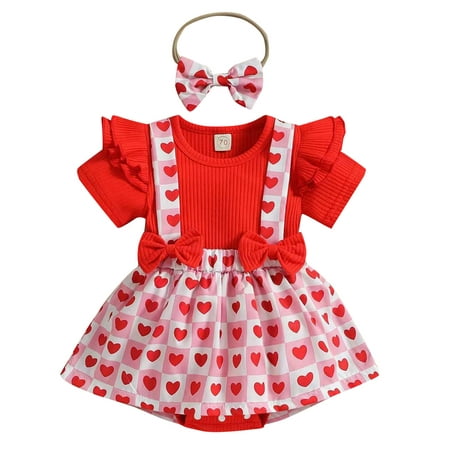 

Olive Leotard Baby Girl Long Sleeve Shirts Girls Valentine s Day Short Sleeve Ribbed Hearts Printed Ruffles Bowknot Romper Bodysuits Headbands Set Clothes Baby Girl