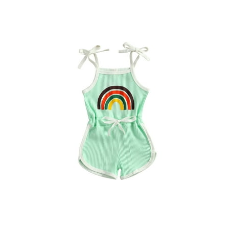 Girls Sleeveless Playsuit Rainbow Printed Pattern Off shoulder Suspender Romper