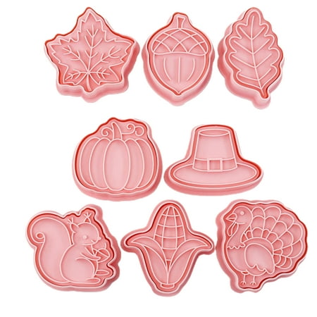 

Happy Date Fall Thanksgiving Cookie Cutters Set - 8 Pieces - Pumpkin Hat Turkey Maple Leaf Oak Leaf Squirrel Candy Corn and Acorn- Stainless Steel
