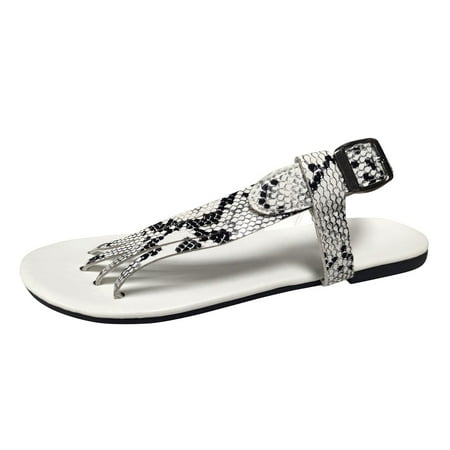 sandals for Women Ladies Fashion Transparent Leather Snake Print Clip Toe Casual Flat Sandals PU Dress Sandals for Women White