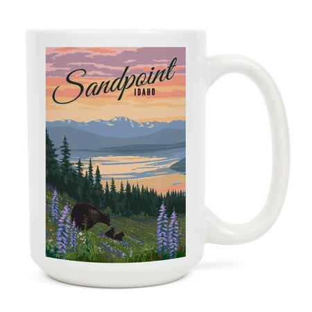 15 fl oz Ceramic Mug Sandpoint Idaho Bear and Spring Flowers Dishwasher & Microwave Safe