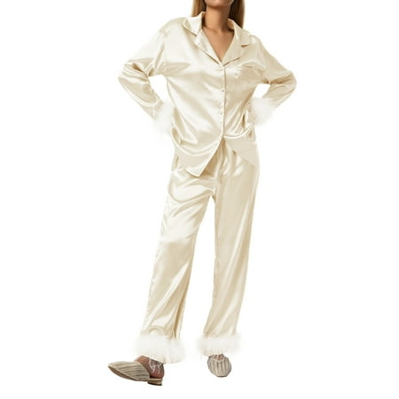 Sunisery Women 2Pcs Silk Satin Pajamas Set Long Sleeve Button Down Feather Trim Blouse Pants PJs Nightwear Loungewear Set
Sunisery Women 2Pcs Silk Satin Pajamas Set Long Sleeve Button Down Feather Trim Blouse Pants PJs Nightwear Loungewear Set