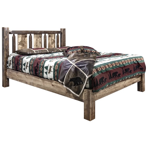 Homestead Collection California King Platform Bed w/ Laser Engraved Wolf Design, Stain & Clear Lacquer Finish