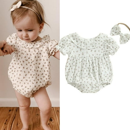 Summer Baby Girls Princess Romper 2pcs Ruffles Collar Floral Printed Short Sleeve Jumpsuit Headband