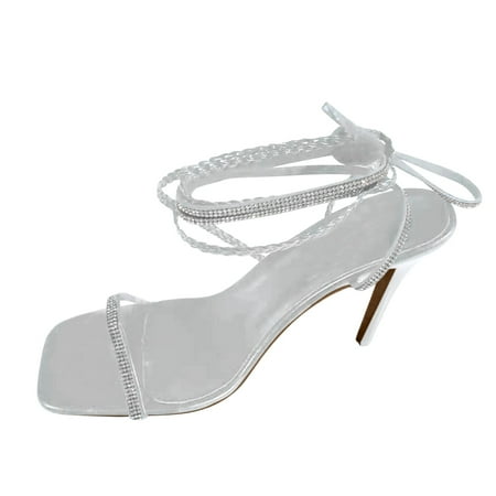 Alueeu ladies shoes casual Ladies Summer Sexy Fashion Large Size Cross Strap Square Toe High Heels Shoes White 40