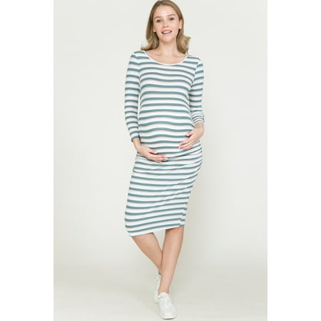 Women s Stripe Rib 3/4 Sleeve Maternity Midi Dress