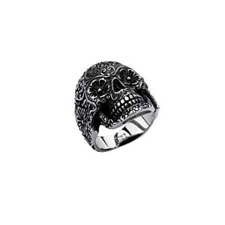 Jewelry Skull Stainless Steel with Flower Eyes Ring - 8 in.