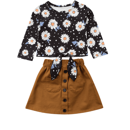 Hirigin 2Pcs Kids Baby Girl Daisy Floral Tops Blouse+Suede Skirt Dress Outfit Clothes