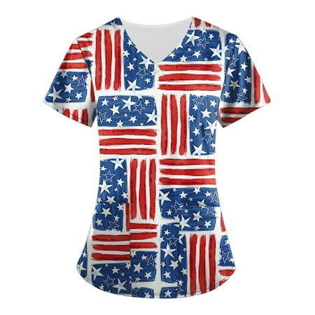 XHJUN Scrub Tops Women Print Clearance American Flag Print Stretch Scrubs Top Short Sleeve V Neck Women Stretch Top Independence Day Printing Top Vermilion XL