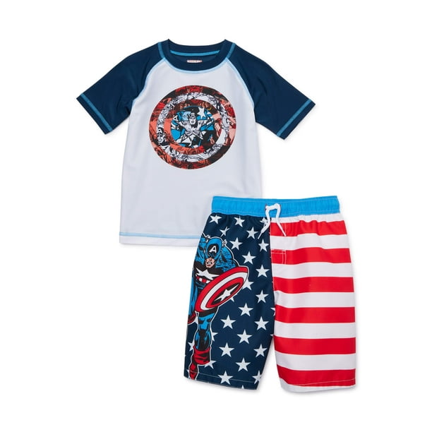 Captain America Boys 4-7 Rash Guard Swim Shirt and Swim Trunks Set