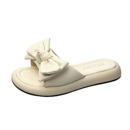 GNEIKDEING Ladies Summer Solid Color Fish Mouth Bow Flat Sandals Gift on Clearance