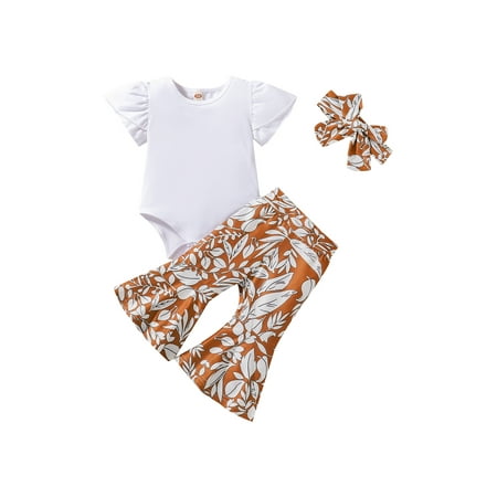 Seyurigaoka Baby Girls Three Pieces Clothes Outfit Round Neck Short Sleeve Solid Color Romper + Leaves Printed Flare Pants + Headband
Seyurigaoka Baby Girls Three Pieces Clothes Outfit Round Neck Short Sleeve Solid Color Romper + Leaves Printed Flare Pants + Headband