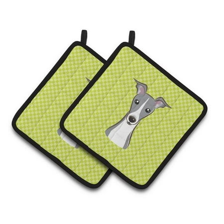 Checkerboard Lime Green Italian Greyhound Pair of Pot Holders 7.5 x 3 x 7.5 in.
Checkerboard Lime Green Italian Greyhound Pair of Pot Holders 7.5 x 3 x 7.5 in.