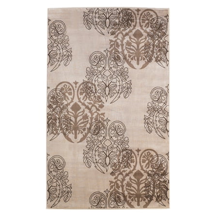 7.7 x 5 Feet Damask Pattern Polypropylene Power Loomed Rug, Brown and Beige