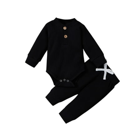 Sunisery Newborn Baby Boy Girl Clothes Solid Ribbed Long Sleeve Romper and Pants Knitted Outfits Set Black 12-18 Months
Sunisery Newborn Baby Boy Girl Clothes Solid Ribbed Long Sleeve Romper and Pants Knitted Outfits Set Black 12-18 Months