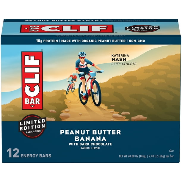 CLIF Bar Energy Bars, Peanut Butter Banana with Dark Chocolate, 10g Protein Bar, 12 Ct, 2.4 oz (Packaging May Vary)