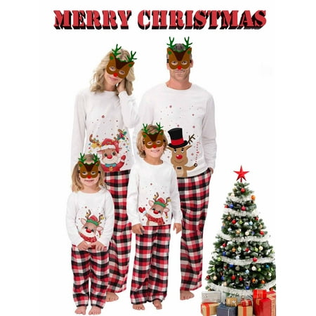 Christmas Family Matching Pajamas Sets Deer Print Tops Plaid Pants Xmas Holiday Sleepwear Loungewear Jammies Pjs Outfit