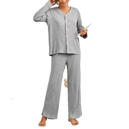 Casual V neck Pant Sets Light Grey Long Sleeve Women Pajama Sets L
