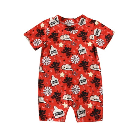 Newborn Baby Boys Summer Romper Casual Jumpsuit Short Sleeve Hat Boots Cattle Head Print Playsuit Red 12-18 Months