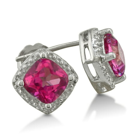 2ct Created Pink Sapphire and Diamond Cushion Cut Stud Earrings