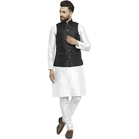 Royal Kurta Men s Silk Blend Kurta Pyjama & Nehru Jacket Set (42 White-Black)