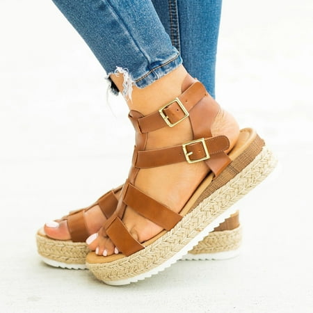 VKEKIEO Open Toe Beach Sandals For Women Flat Heel Platform Brown