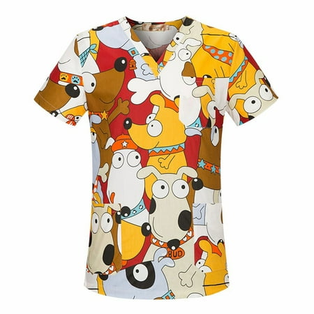 

Sksloeg Scrub Tops Cartoon Printed V-Neck Cute Dog Patterned Workwear With Pockets Shirts Nursing Working Uniform Yellow XXL