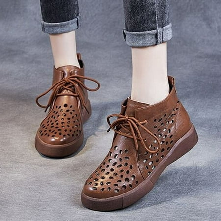 

dmqupv Womens Western Boots Fashion Women Solid Color Hollow Comfortable Flat Lace Up Short Warm Winter Boots Women Brown 9