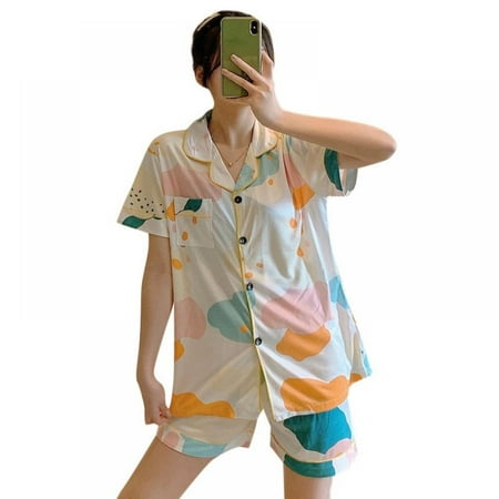 Summer Short-sleeved Shorts Cardigan Pajamas Two-piece Suit Ladies Cute Cartoon Loose Large Size Home Pajamas
Summer Short-sleeved Shorts Cardigan Pajamas Two-piece Suit Ladies Cute Cartoon Loose Large Size Home Pajamas