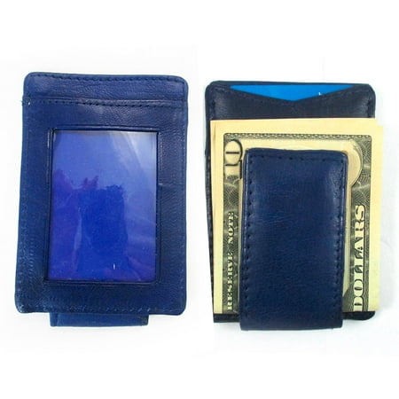 Slim Thin Strong Magnetic Genuine Leather Money Clip Wallet Billfold Blue Pocket - 0