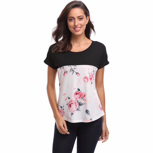 Miss Moly Women's Cap Sleeves Printed Stitching Knit Tops Round Neck Blouse T-Shirt