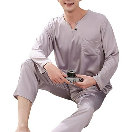 Women/Men Sleepwear Satin Pajamas Set Long Sleeve Tops+Long Pants Sleepwear Suit Homewear L Gray Man