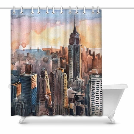 MKHERT Watercolor Manhattan Skyscrapers at Sunset New York City Towers House Decor Shower Curtain for Bathroom Shower Curtain Set 66x72 inch