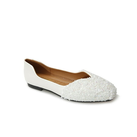 Hawee Women Sequin Square Toe Ballerinas Flats Slip-Ons