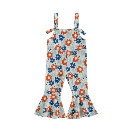 

Toddler Baby Girl Independence Day Bell Bottom Romper Baby Floral Print One Piece Jumpsuit Flare Pants Overalls Summer