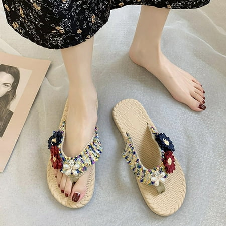 Women s Summer Bohemian Clip Toe Flip Flops Non-Slip Flat Slippers Beach Shoes
