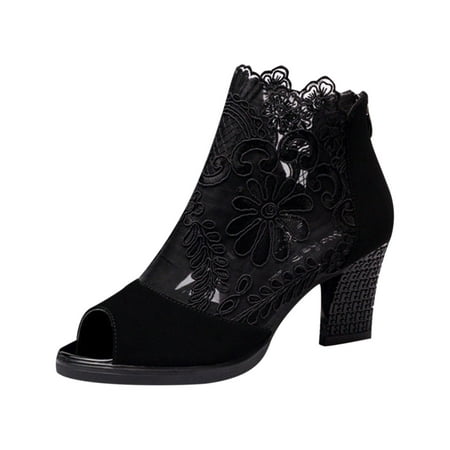 

Women Peep Toe Ankle Bootie Lace Flowers Open Toes High Heels Ankle Cutout Boots Fashion Slingback Chunk Boots Shoes